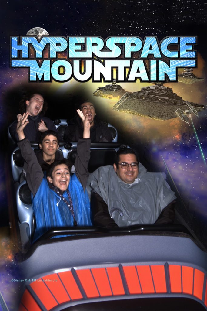 Banner of Hyperspace Mountain with people in the attraction